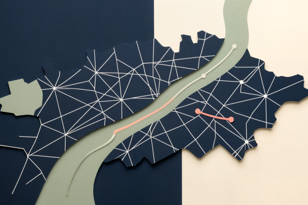 Carte stylisée de Lyon illustrant un parcours SEO local vers des ventes e-commerce